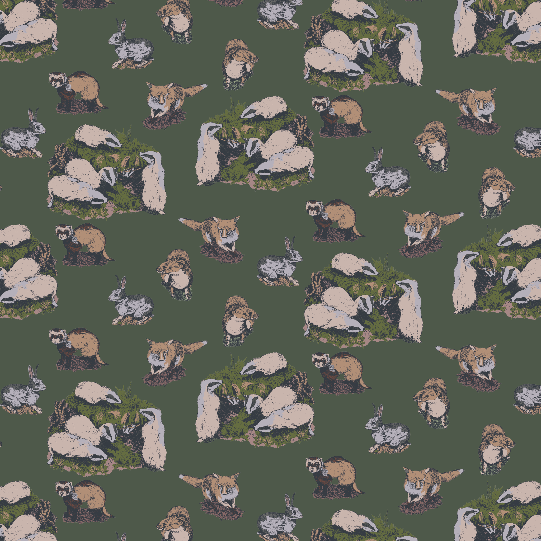 Woodland Animals Dark Green Organic Cotton Panama Fabric