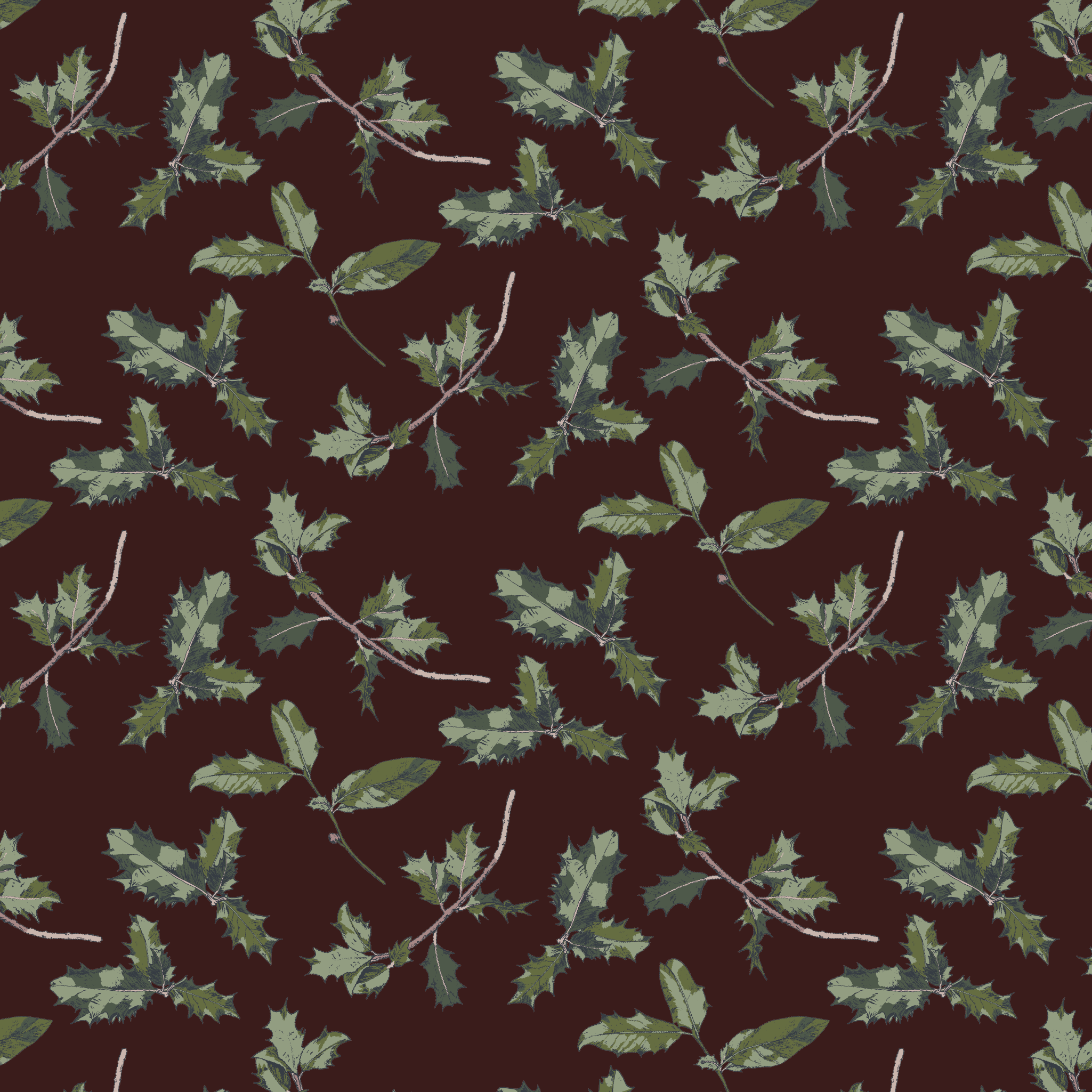 Woodland Holly Maroon Cotton Satin Fabric
