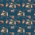 Woodland Animals and Holly Blue Cotton Satin Fabric