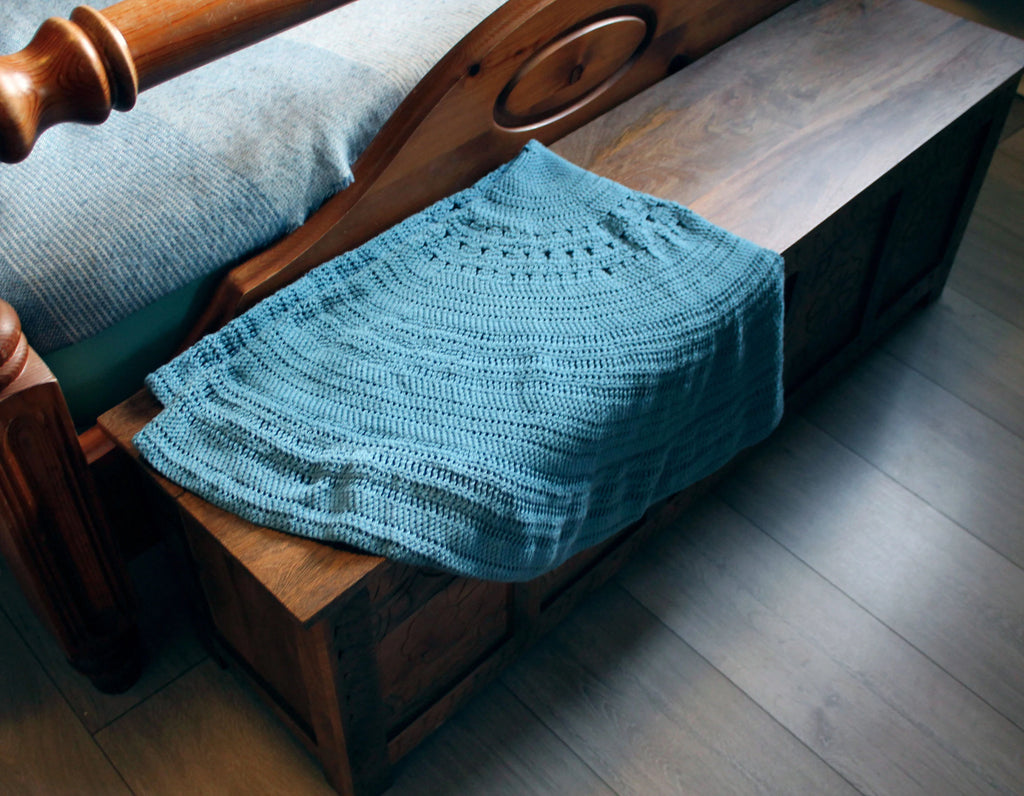 Handcrafted Light Blue Textured Cotton Circular Crochet Blanket