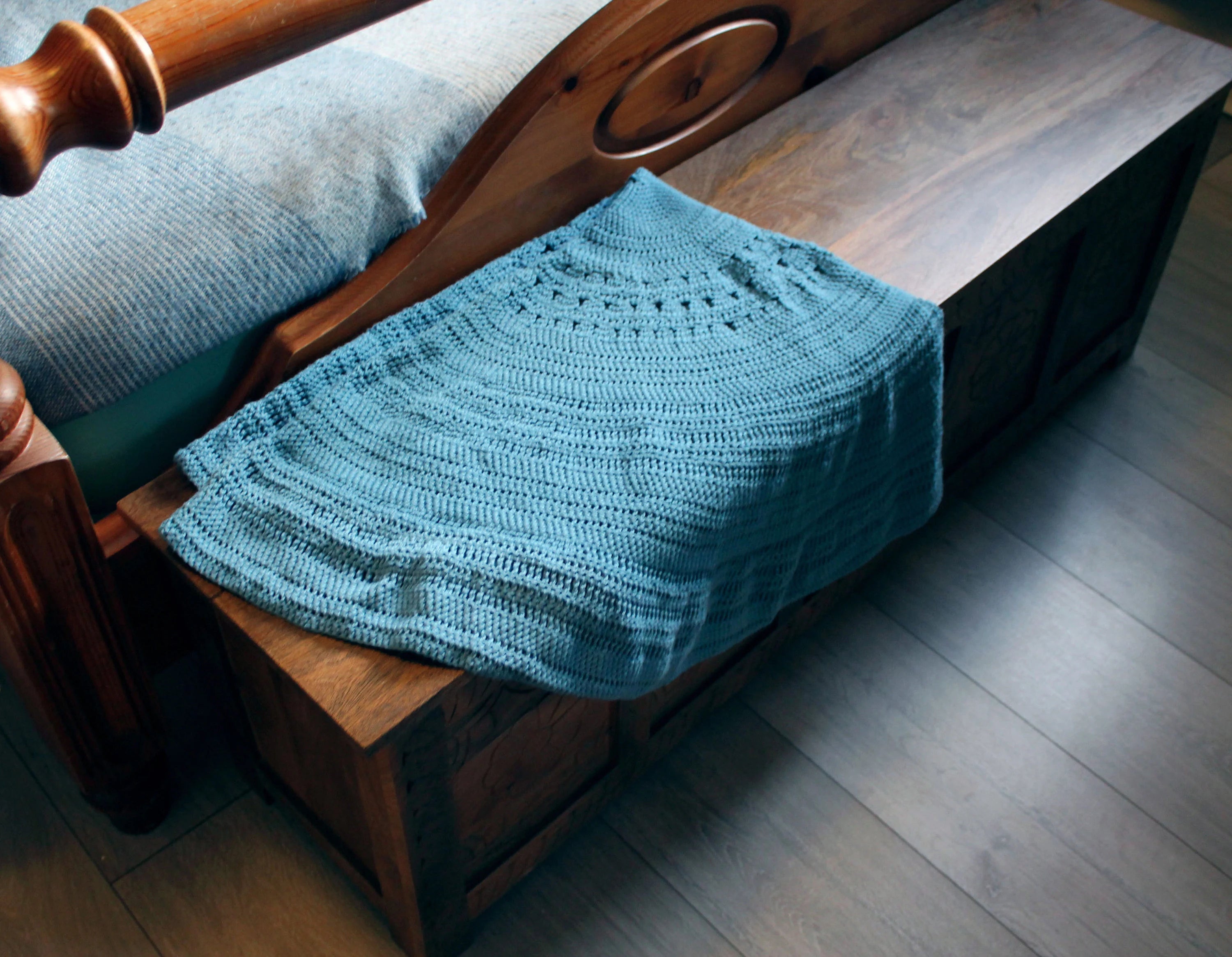 Handcrafted Light Blue Textured Cotton Circular Crochet Blanket