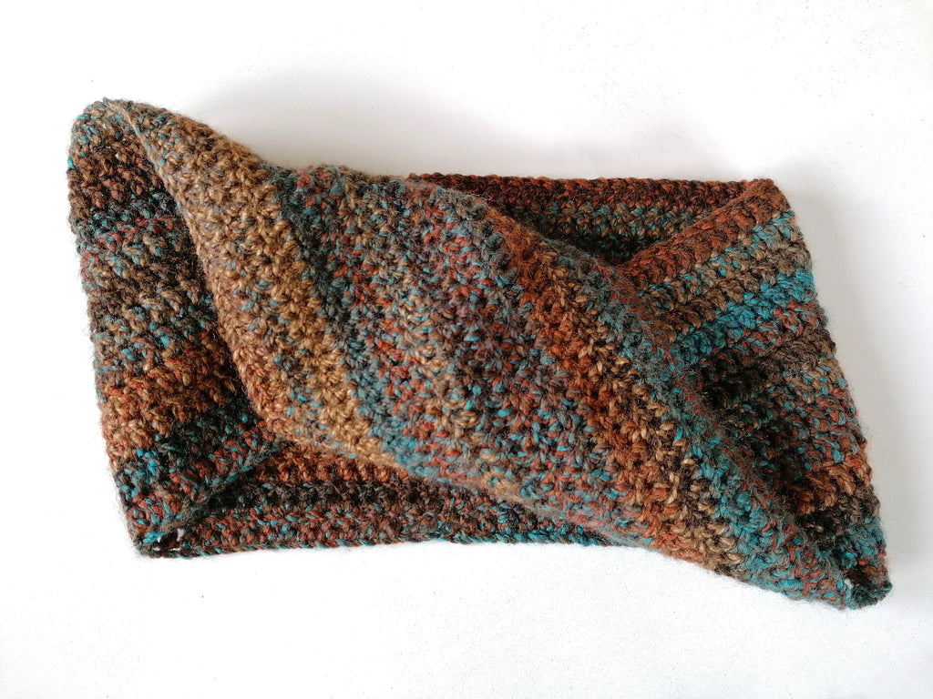 Earthy Brown Blue Crochet Handmade Twisted Snood Scarf