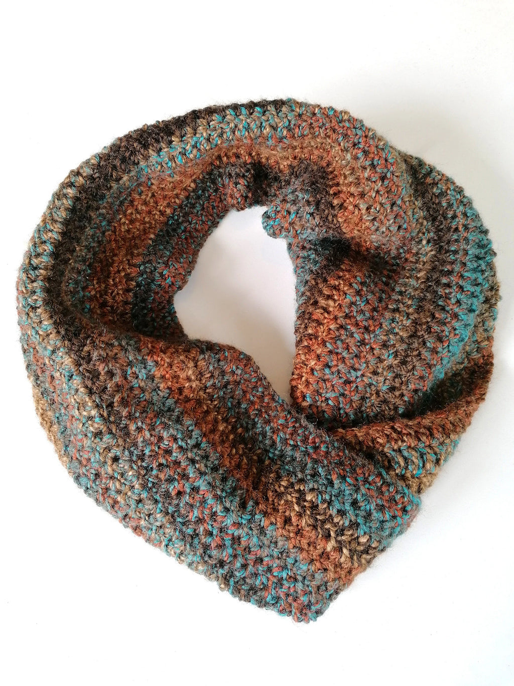 Earthy Brown Blue Crochet Handmade Twisted Snood Scarf