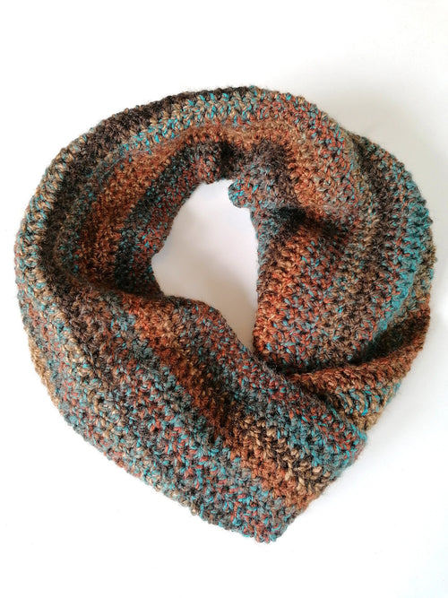 Earthy Brown Blue Crochet Handmade Twisted Snood Scarf