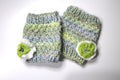 Hand Knitted Moss Stitch Lichen Wildlife Purple Button Fingerless Gloves